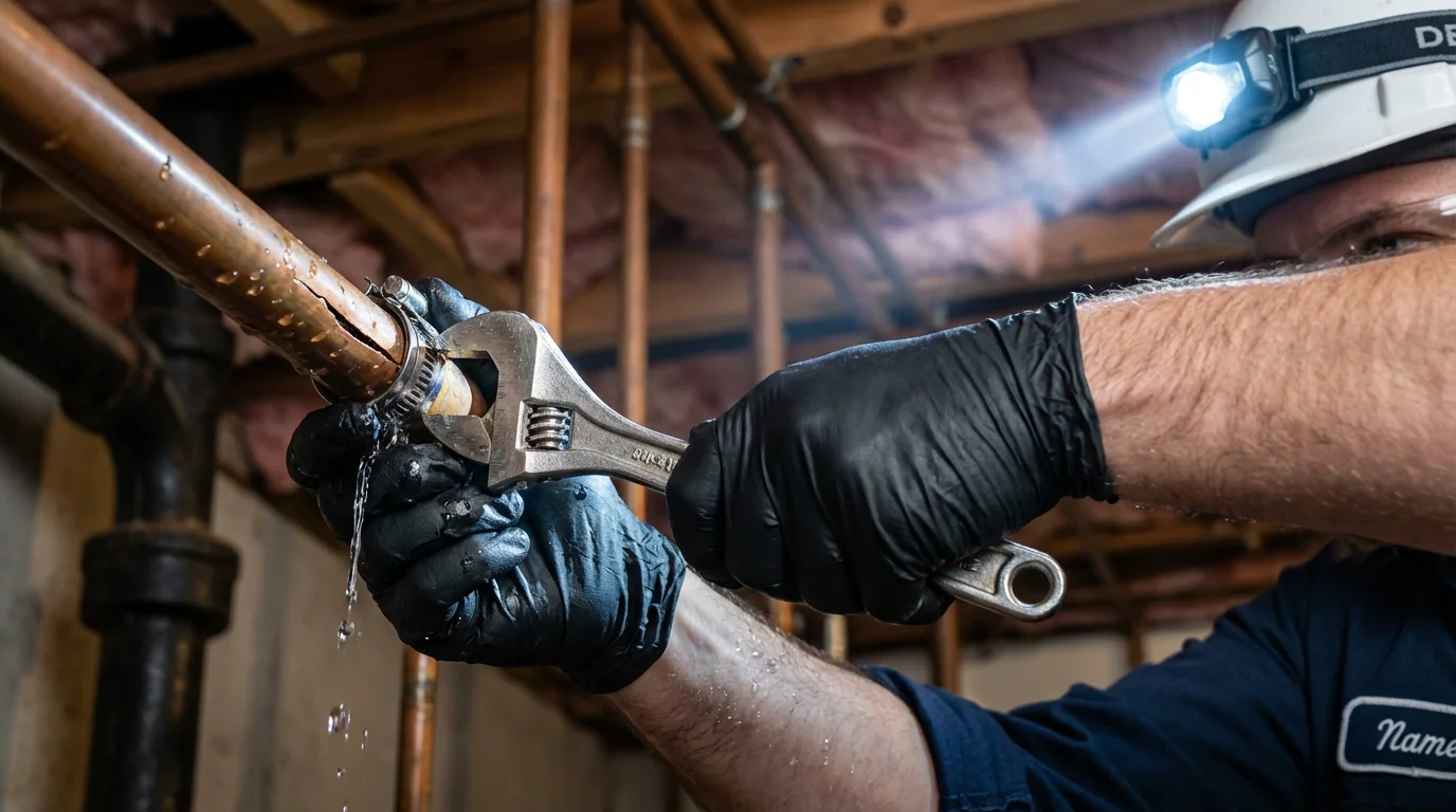 Emergency pipe clamp repair being performed by a Johns Plumbing LLC plumber in Iraan