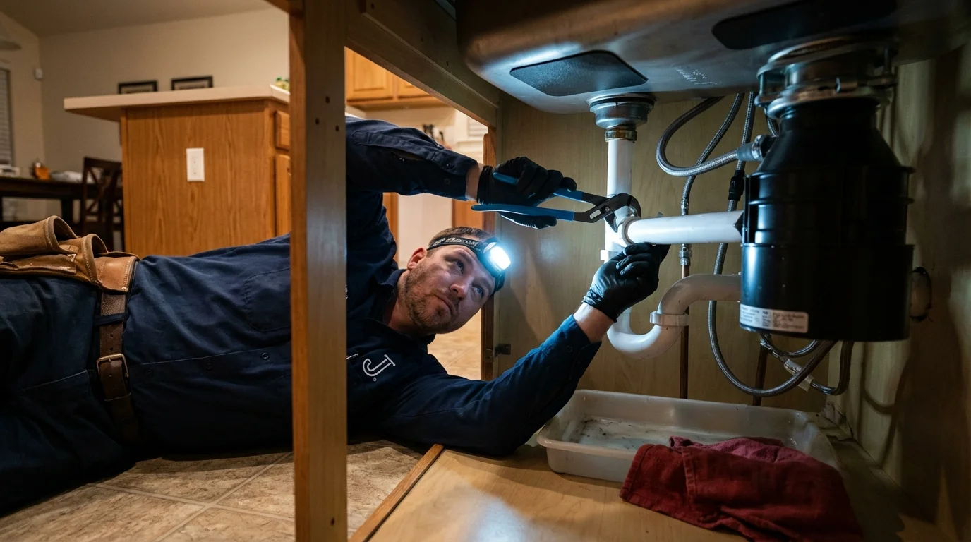 P-trap and supply line connections under a kitchen sink showing a common leak point in Iraan, TX